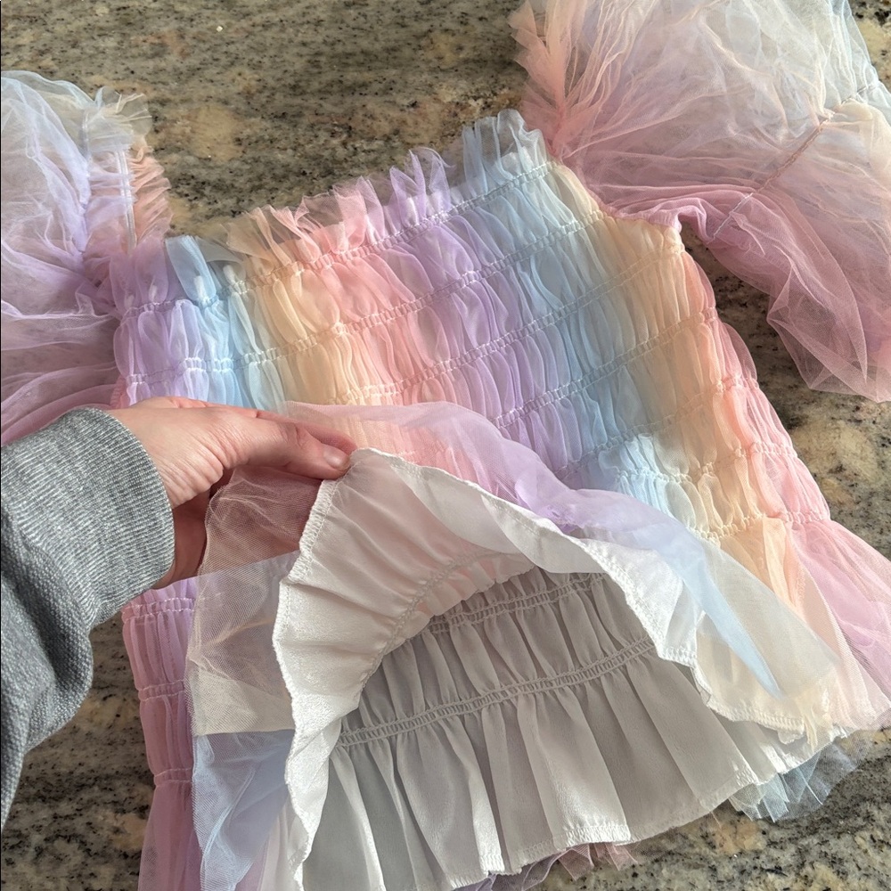 NWOT 🧚 Fairycore Rainbow Puff Sleeve Blouse Tulle Shired Top Sz S - Picture 9 of 9